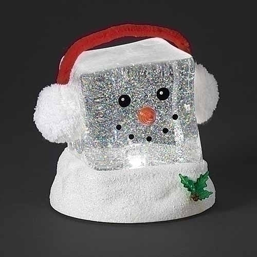 6.25" Lighted Swirl Cube Head Snowman w/Ear Muffs