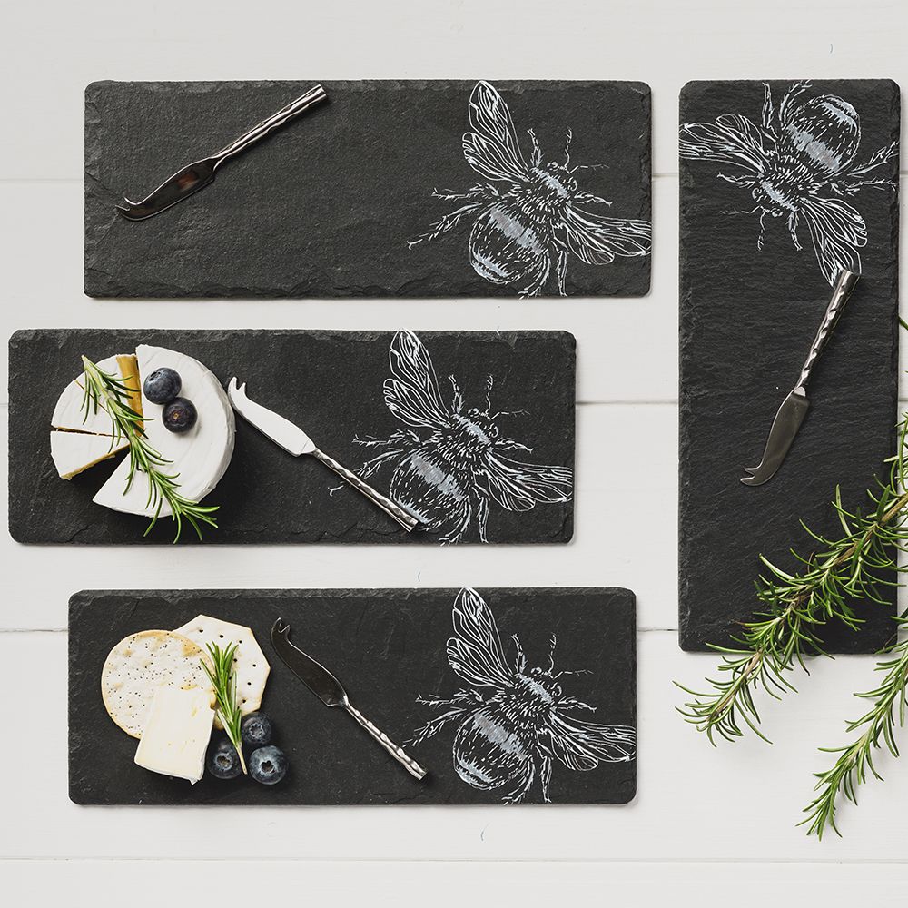4 Mini Slate Cheese Board & Knife Sets - Bee