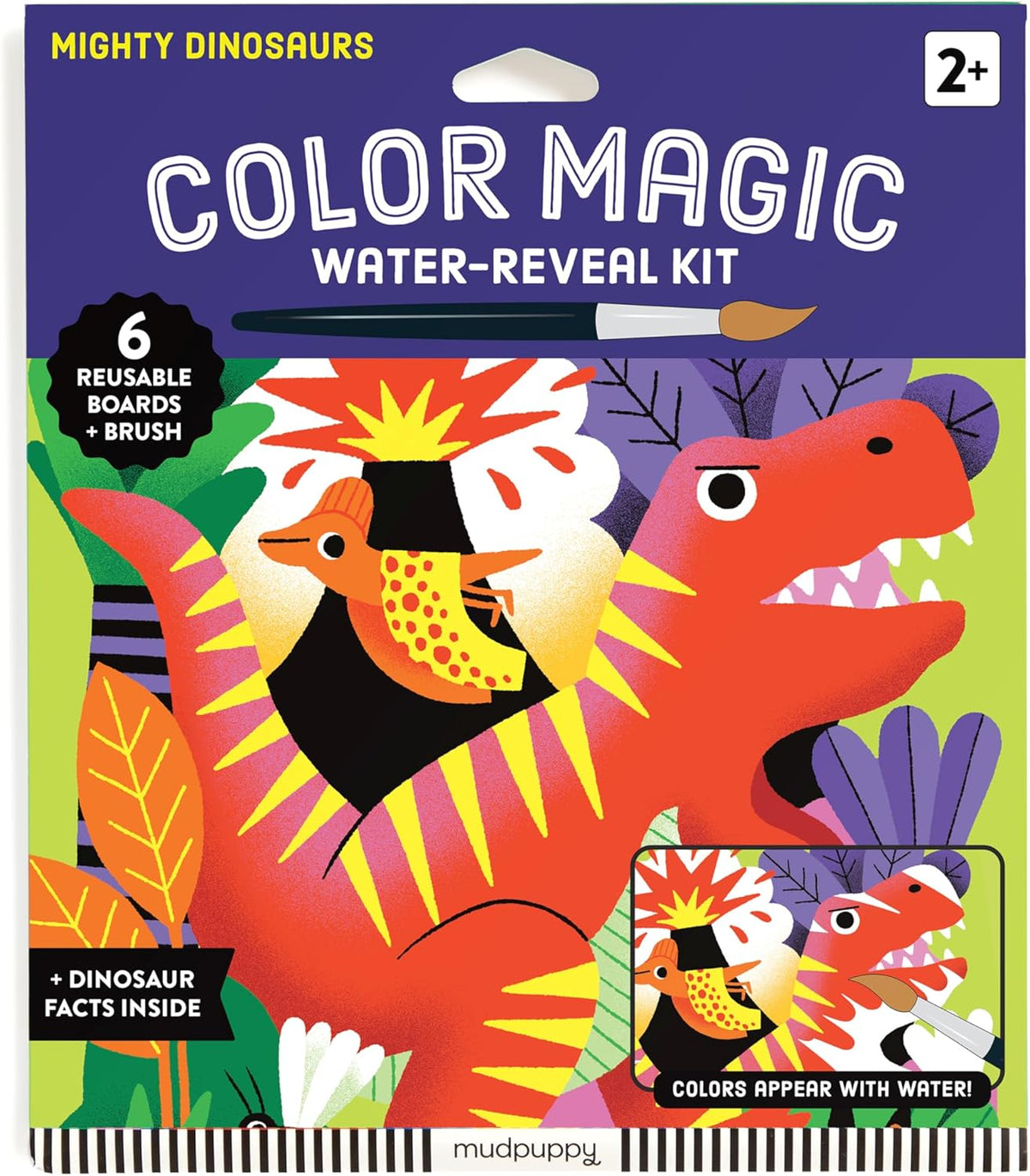Mudpuppy Mighty Dinosaurs – Color Magic Water Reveal Kit with Illustrations of Prehistoric Dinosaurs
