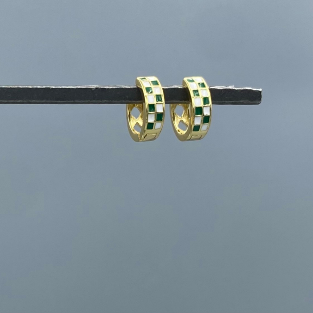 HG235GW | Gold Filled Green & White Checkerboard Huggie Earrings