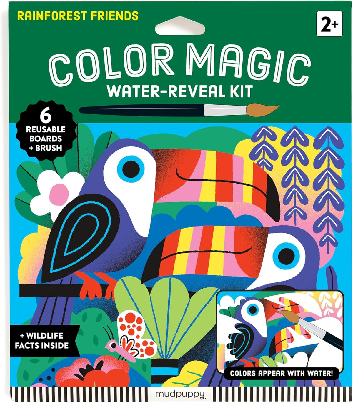 Mudpuppy Rainforest Friends – Color Magic Water Reveal Kit with Illustrations of Rainforest Animals
