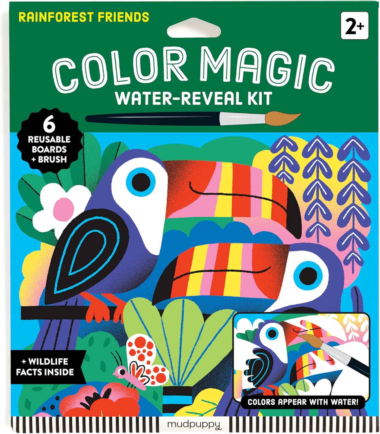 Mudpuppy Rainforest Friends – Color Magic Water Reveal Kit with Illustrations of Rainforest Animals