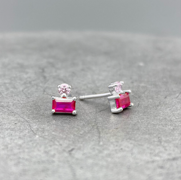 ST824 | Silver Ruby CZ Baguette Post Earrings