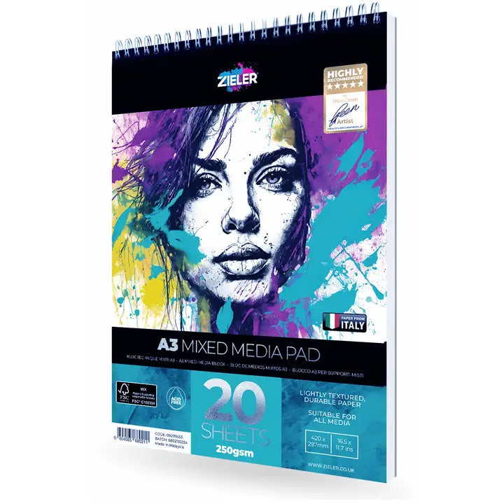 A3 Spiral Bound Mixed Media Paper Pad – 250gsm, 20 Sheets