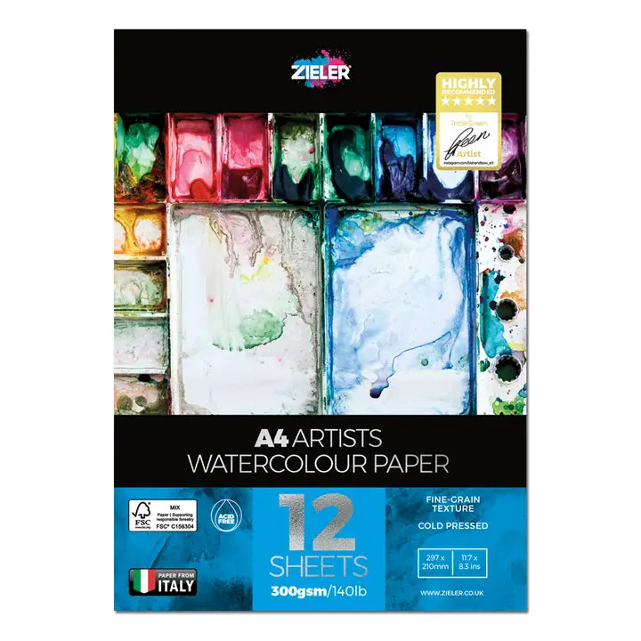 A4 Watercolor Paper Gummed Pad – 300gsm, 12 Sheets