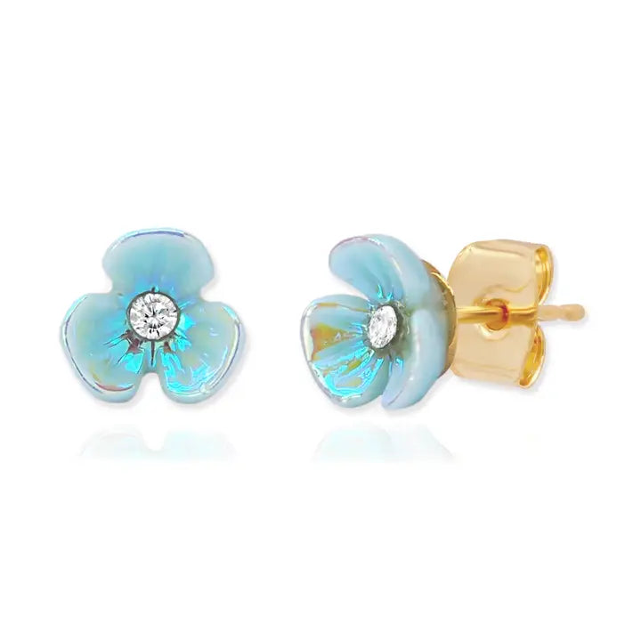 Tiny Iridescent Flower Studs - Blue