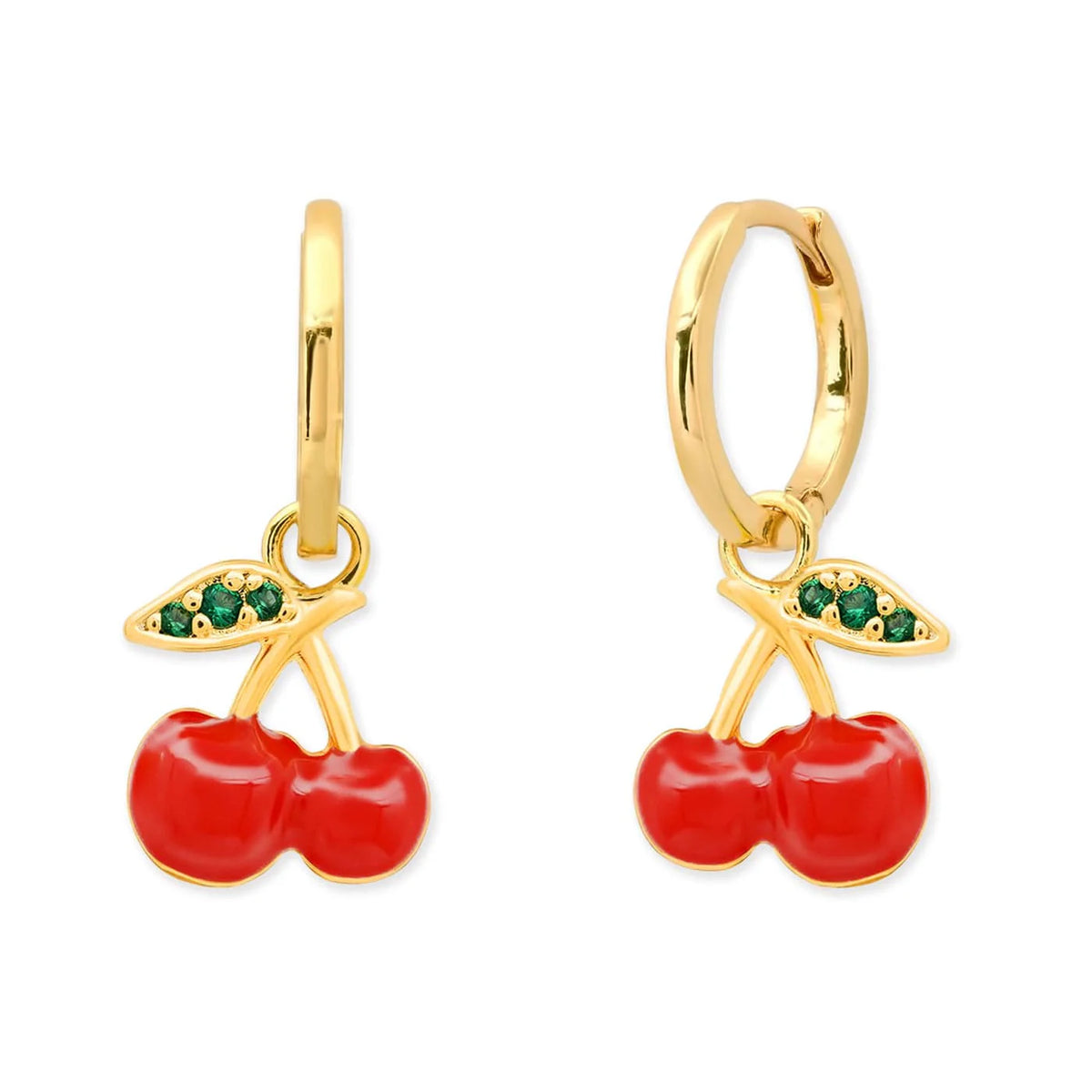 Gold Huggie with Enamel Cherry Drops Earrings