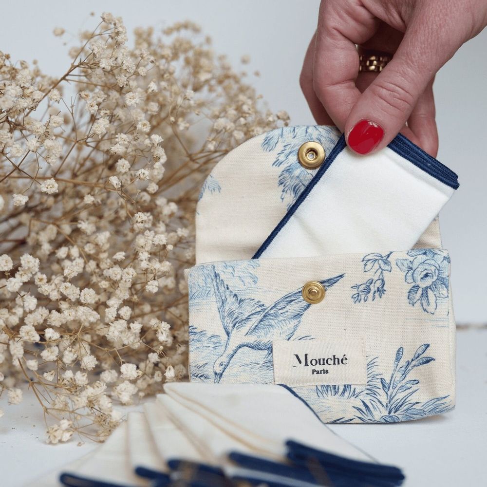 Classic Pouch with 6 Handkerchiefs - Toile de Jouy Blue