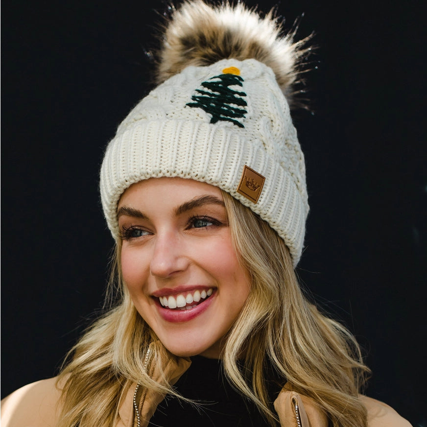 Beige w/Embroidered Tree Cable Knit Pom Hat