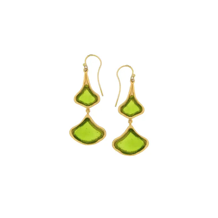 Ginkgo 2-Leaf  Drop Wire Earrings Green