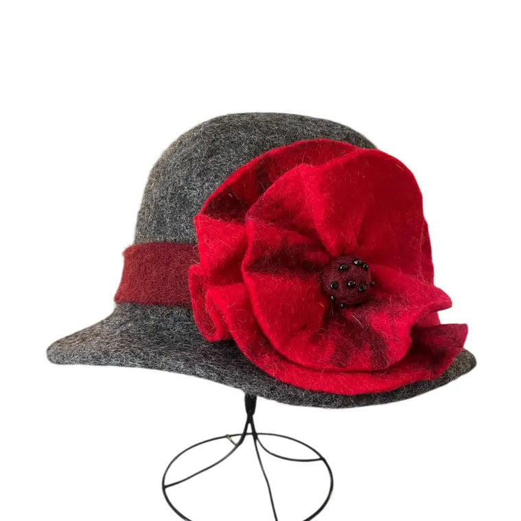 Gray Hat with Red Belt and Flower