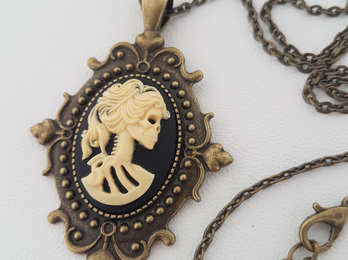 Gothic Ornate Lady Skull Cameo Necklace