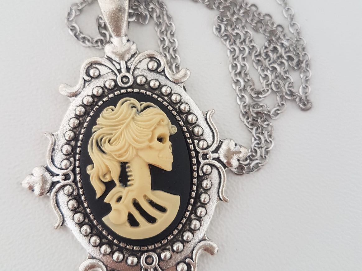 Gothic Ornate Lady Skull Cameo Necklace