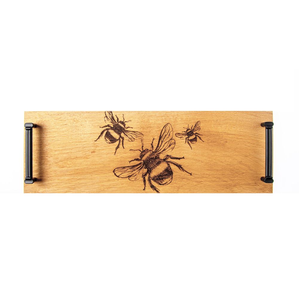 Oak Tray - Black Steel Handles - Bee