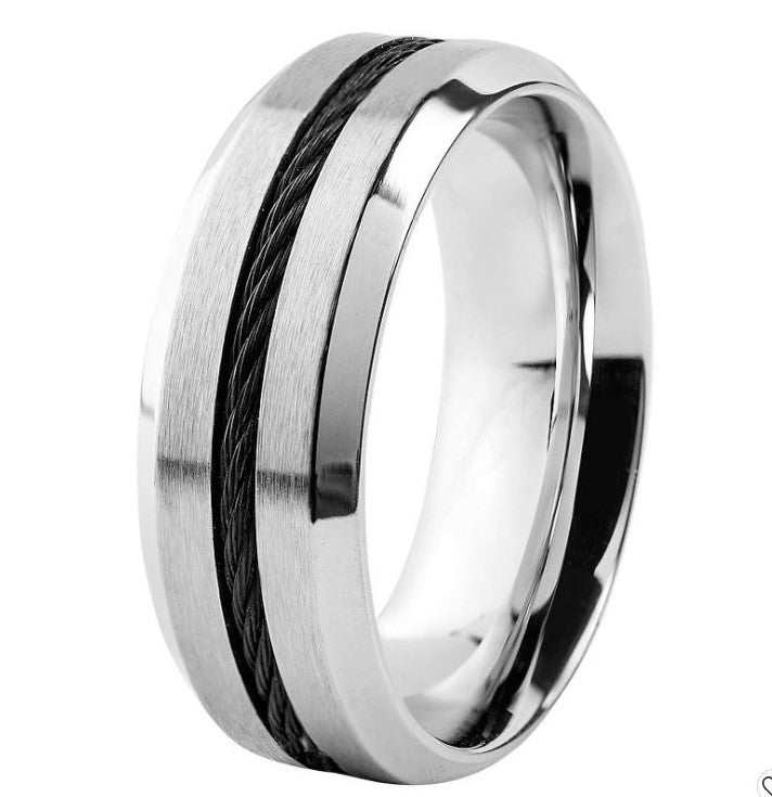 Stainless Steel Black Cable Inlay Ring (sz 11)