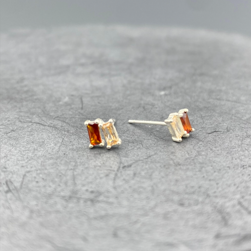 STS360GACZ | Silver Twin Garnet CZ & Champagne CZ Baguette Post Earrings