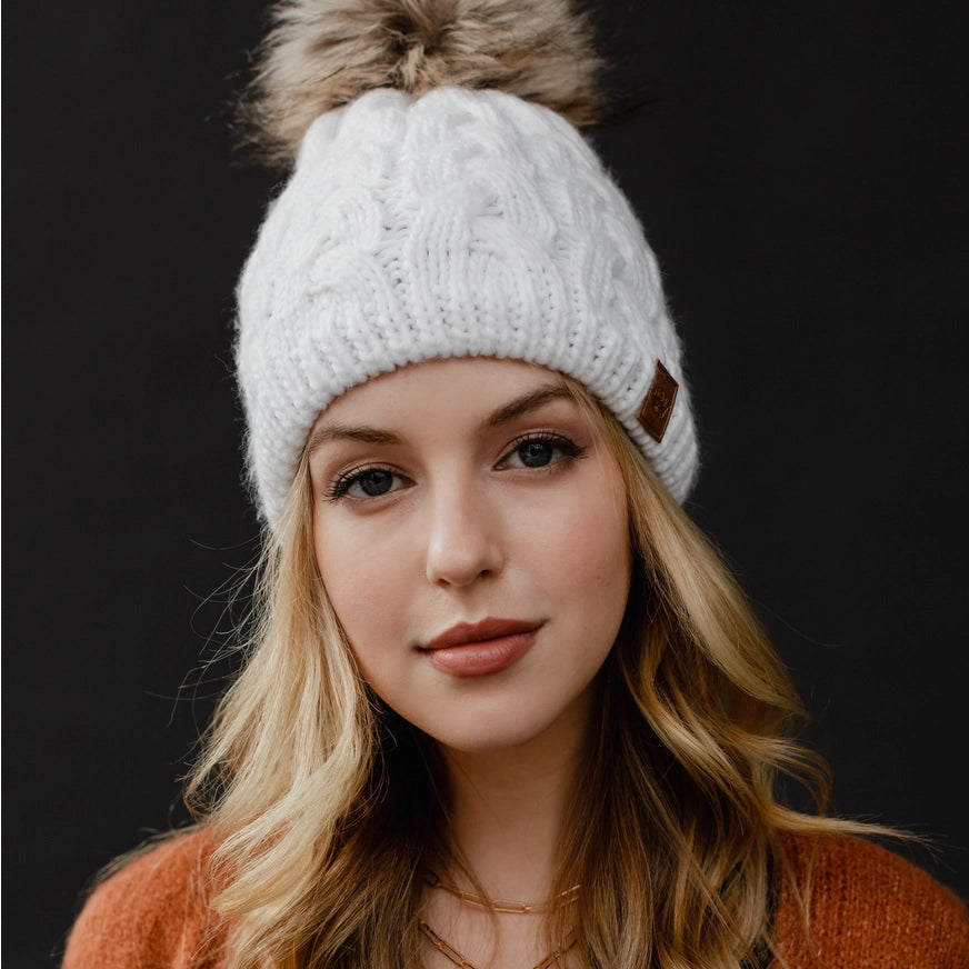 White Braided Knit Pom Hat