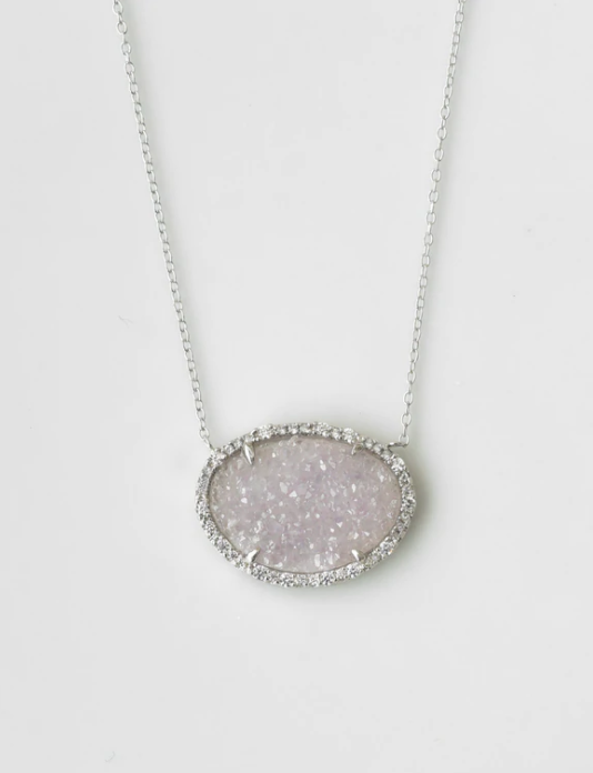 Freeform Oval Druzy w/CZ Necklace (silver)