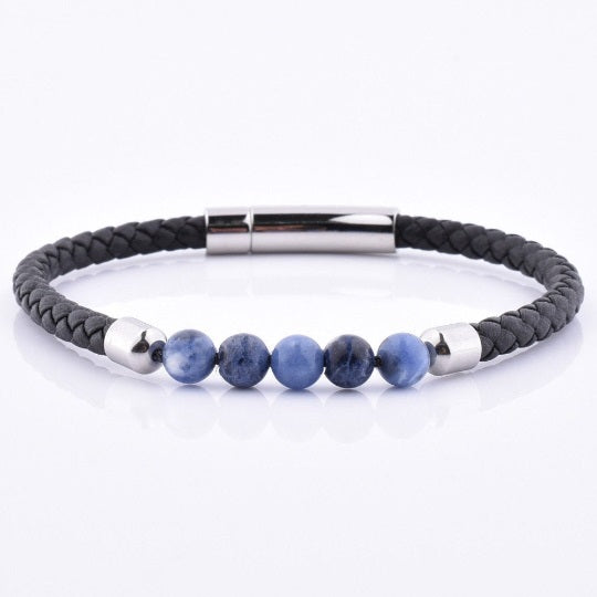 Blue Bead Black Leather Bracelet