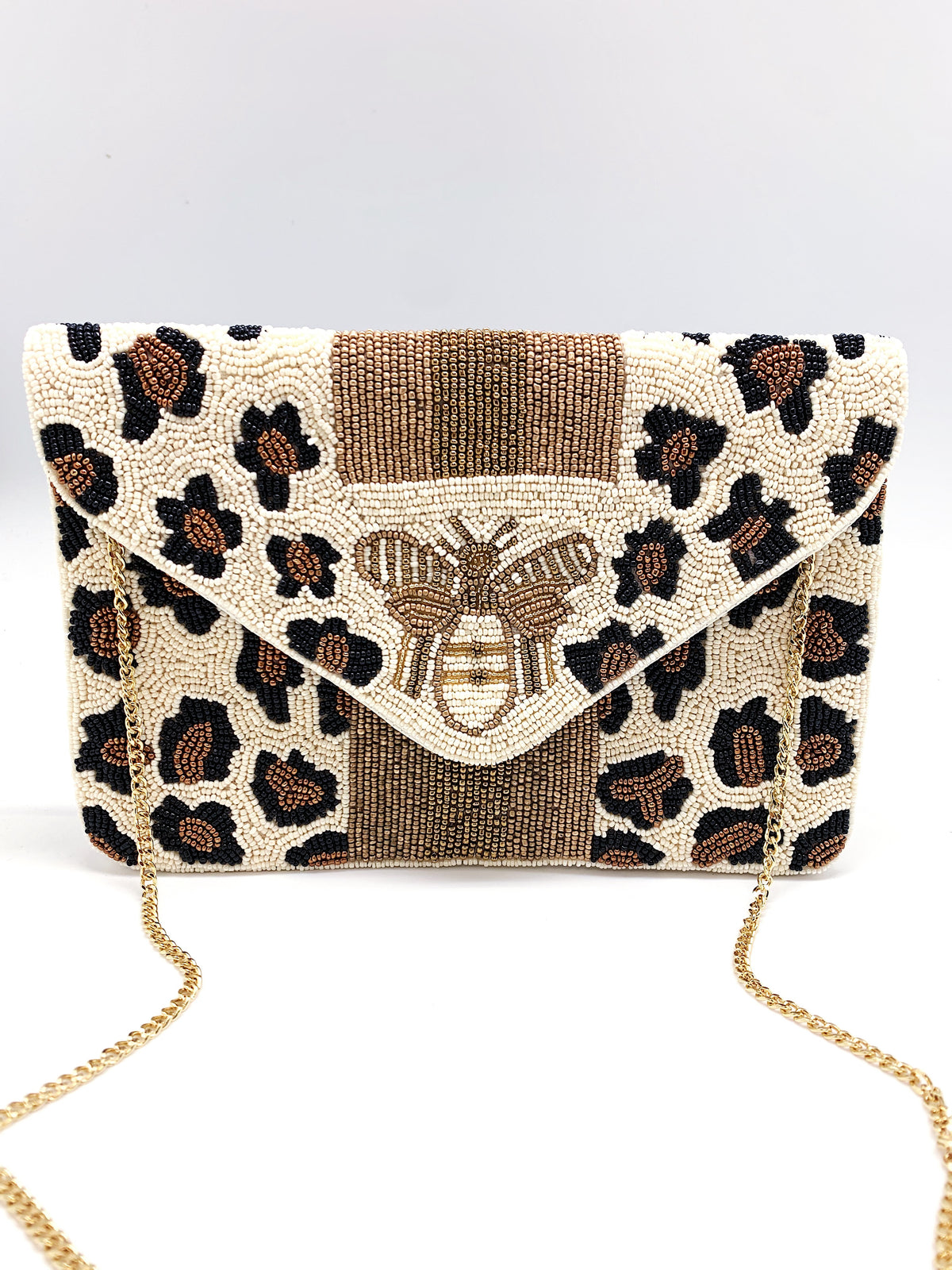 White Cheetah w/Bee Beaded Bag