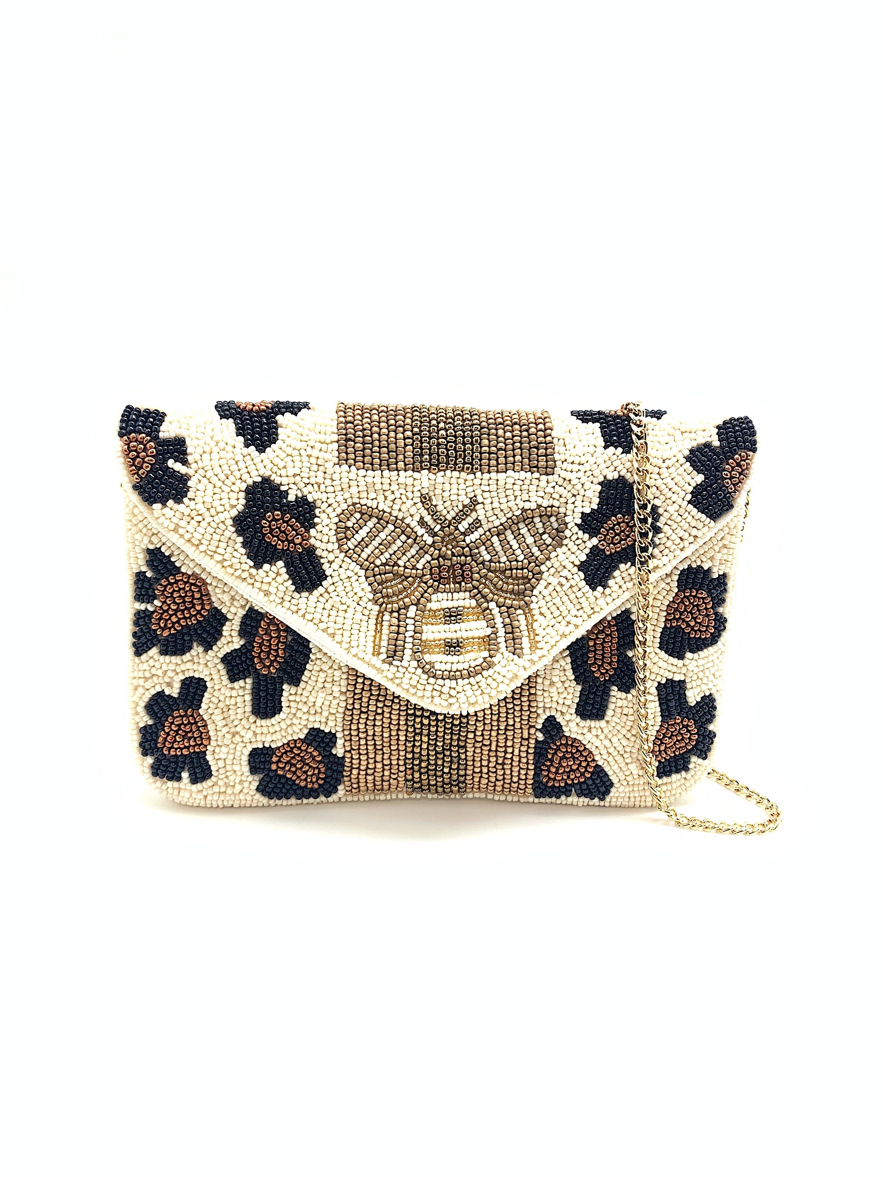 White Cheetah w/Bee Beaded Mini Bag