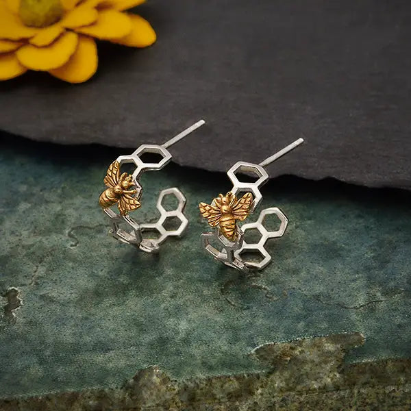 Honeycomb w/Bee Earrings (sterling & bronze)