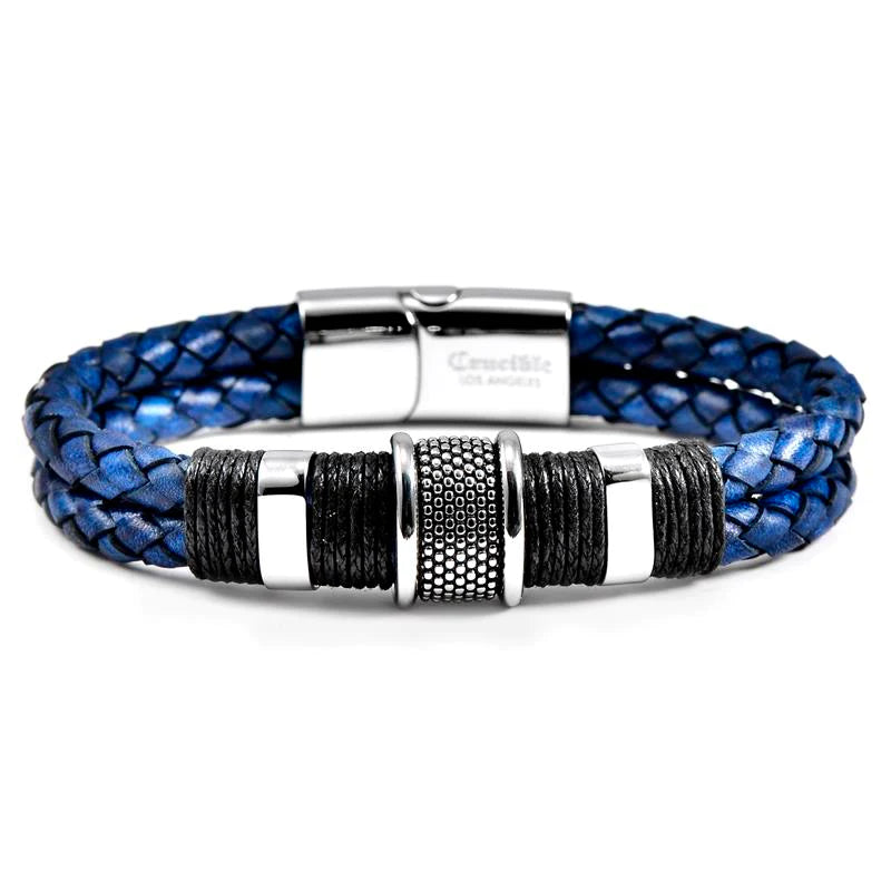 Stainless Steel Distressed Leather Bracelet (navy)