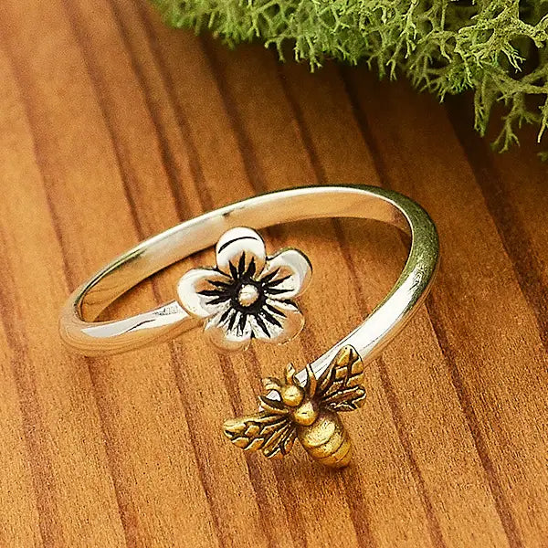 Flower & Bee Adjustable Ring (sterling silver)